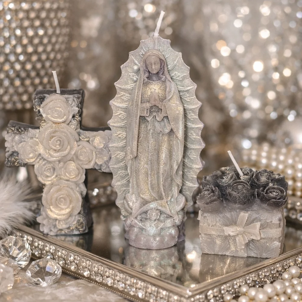 Handmade Beeswax Candle Set – Virgin Mary, Cross & Rose Boquet (Shimmer Finish)